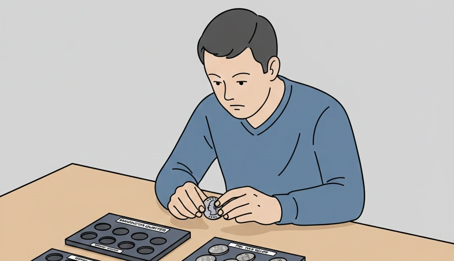 A collector comparing a 1969 quarter with other coins in labeled trays