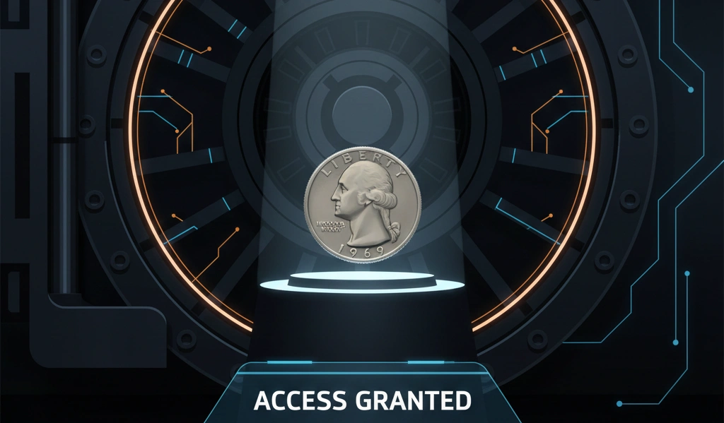 A stylized vault opening to reveal a 1969 quarter on a pedestal