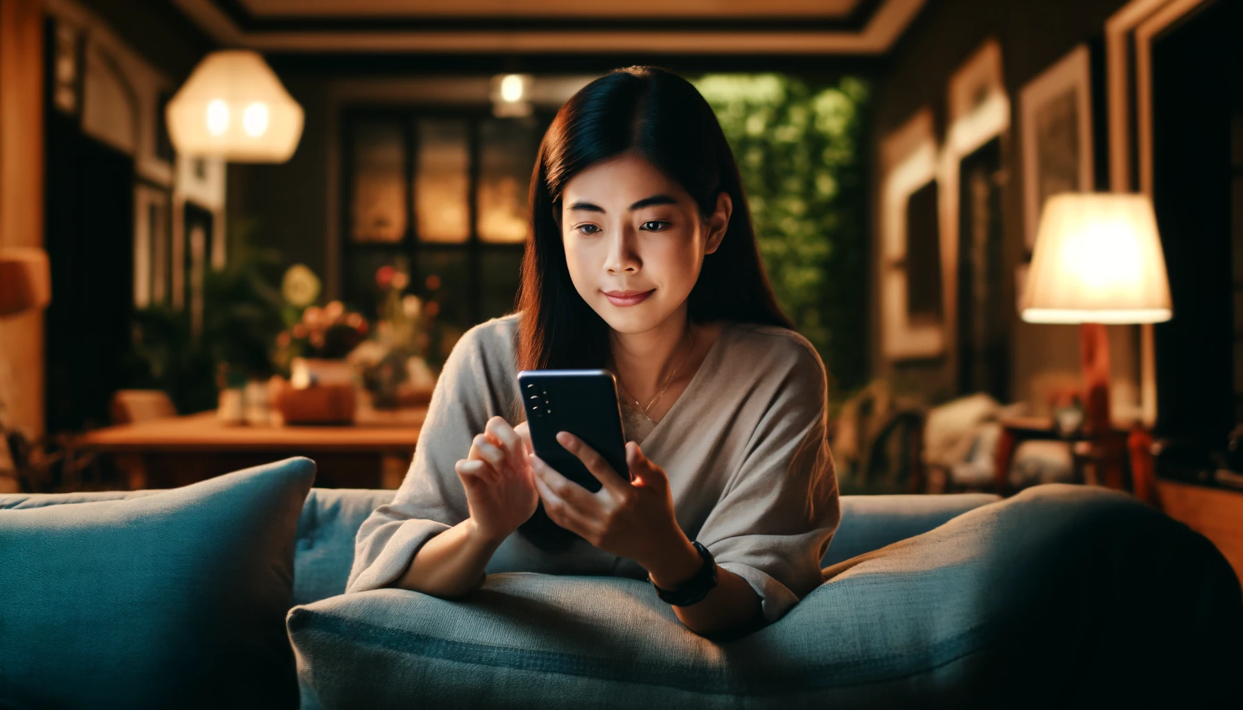 A young Asian woman is depicted lying on a sofa at home, using an online dating app on her smartphone, in search of love on the internet
