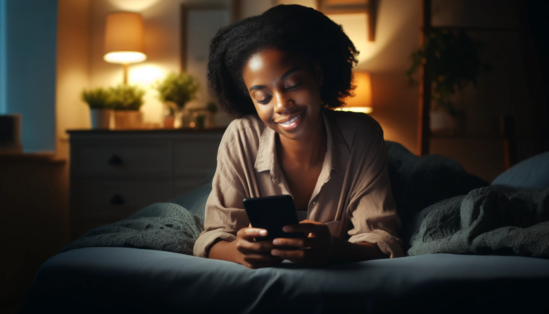 A black woman is depicted lying comfortably on her bed, looking happy as she texts, communicates, or uses a chat app on her phone