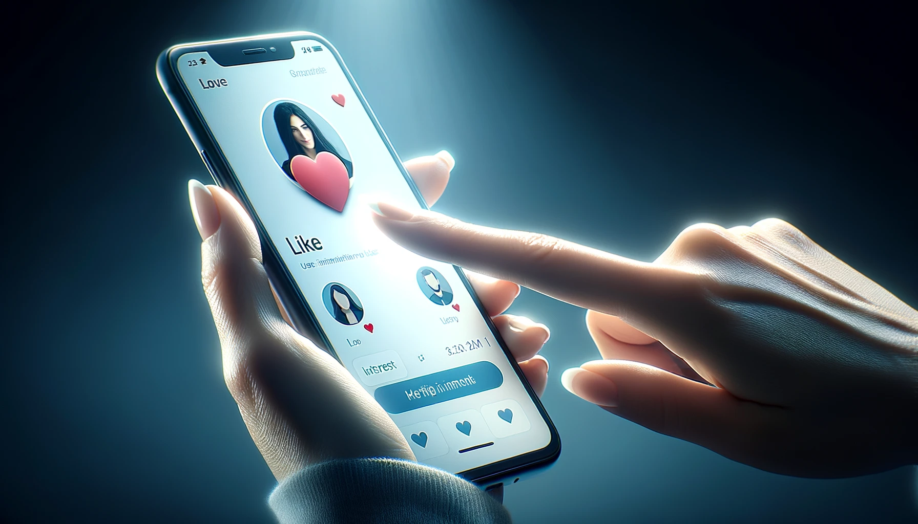 The finger of a woman pushing a heart icon on the screen in a mobile smartphone application, symbolizing a 'like' or 'interest' in an online dating app