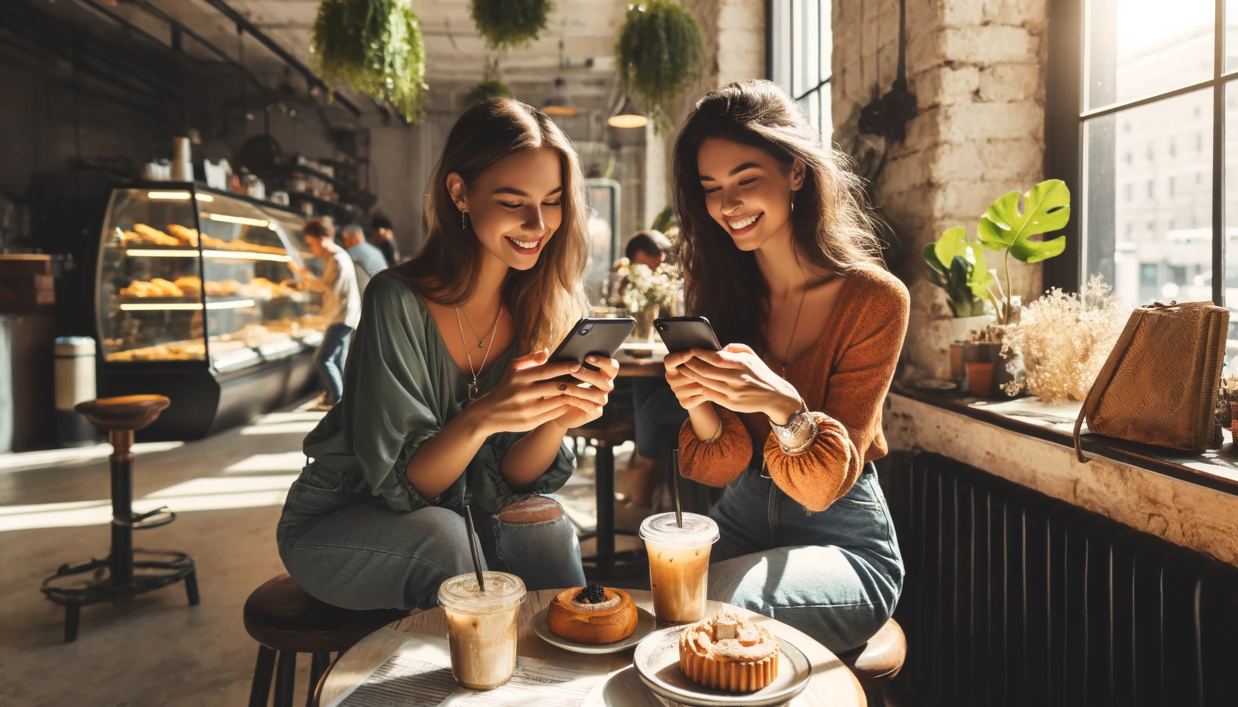 Two women sitting across from each other in a sunlit cafe, both smiling and looking at their smartphones.