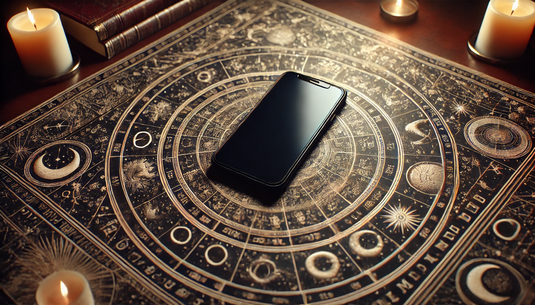 A smartphone placed near an astrology map featuring intricate celestial designs, set on a smooth surface under soft lighting.