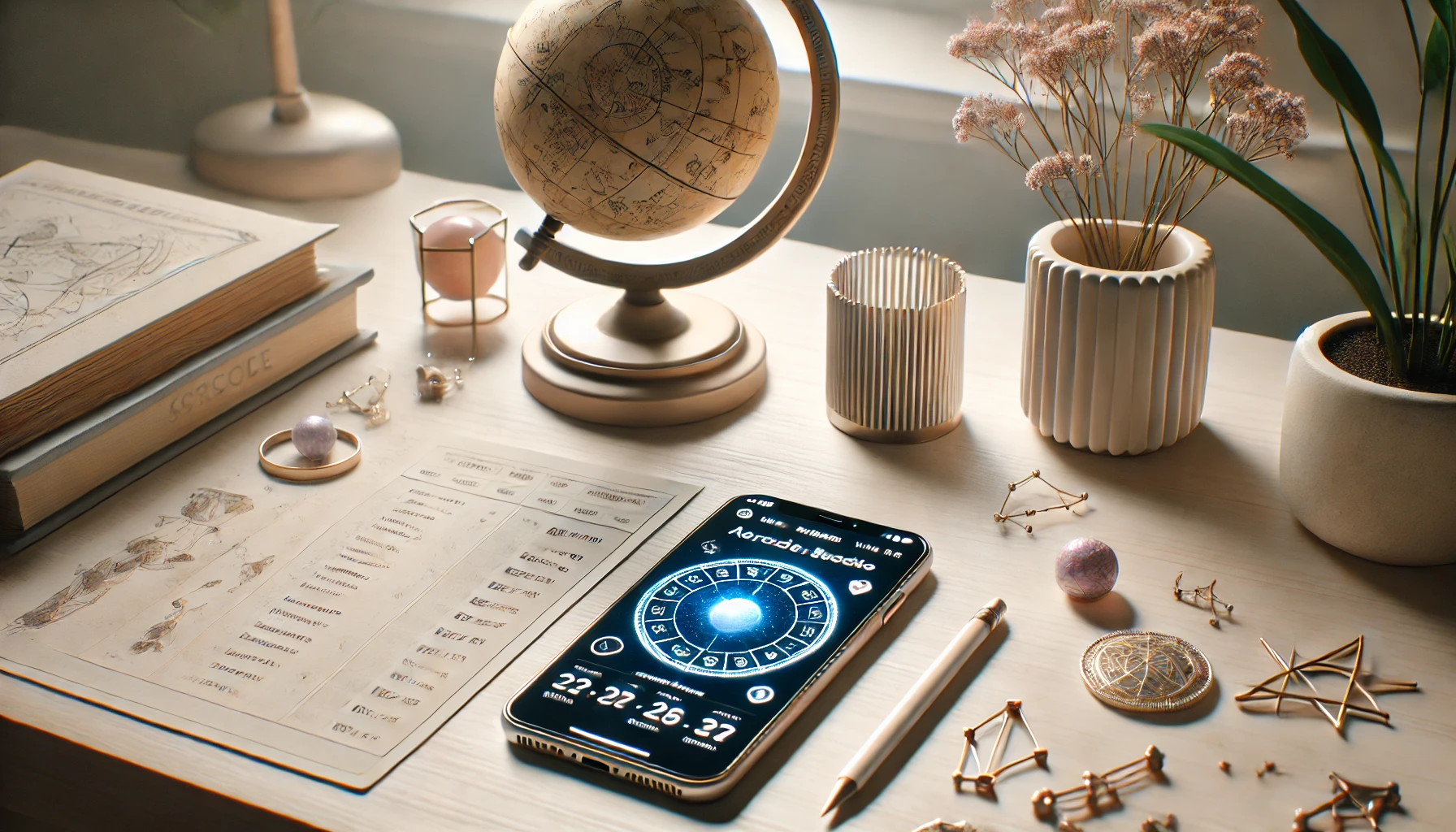 a modern workspace featuring a smartphone displaying an astrology dating app with a birth chart and compatibility score.