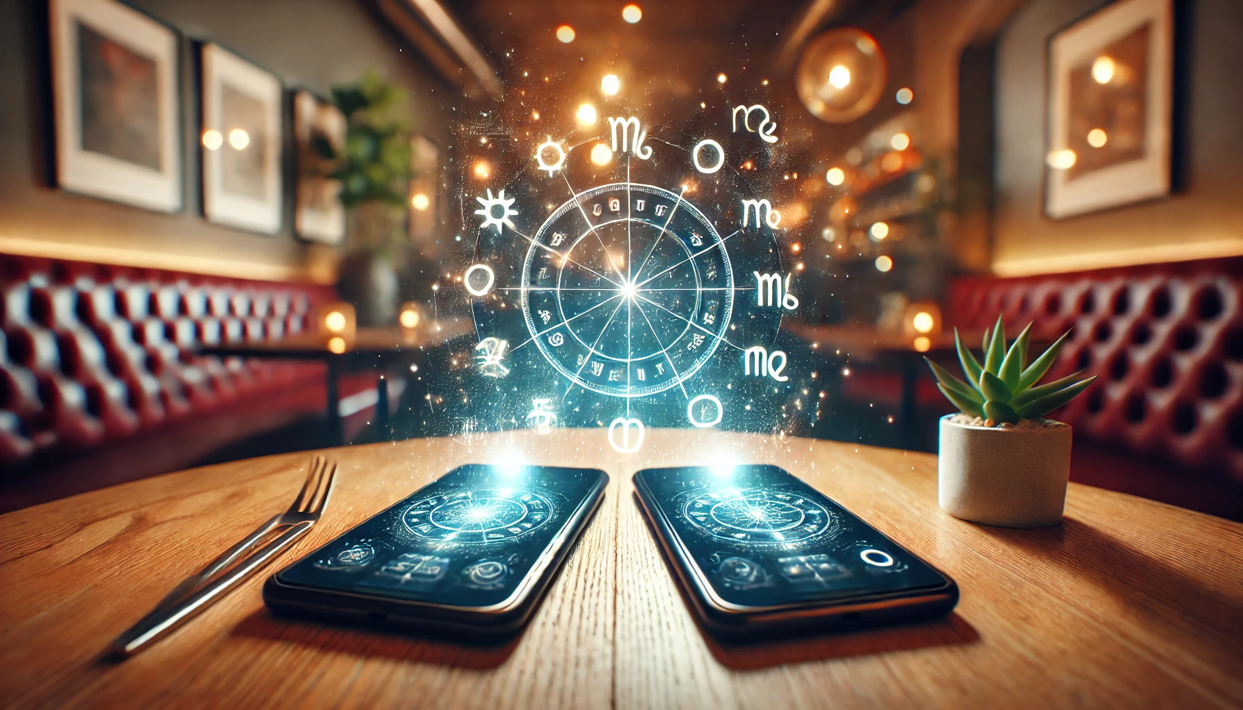 wo smartphones placed side by side on a wooden table, with glowing astrological charts and cosmic symbols hovering above them, representing an astrology-based dating app.