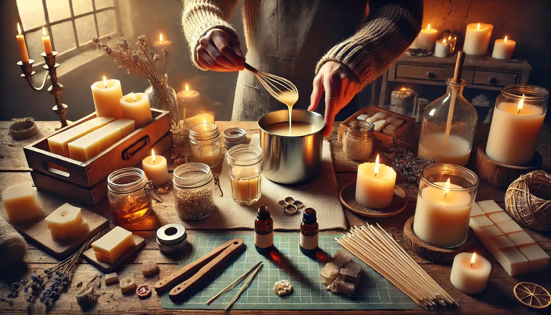 hands carefully pouring melted wax into glass jars, surrounded by tools like wicks, essential oils, and dye chips.