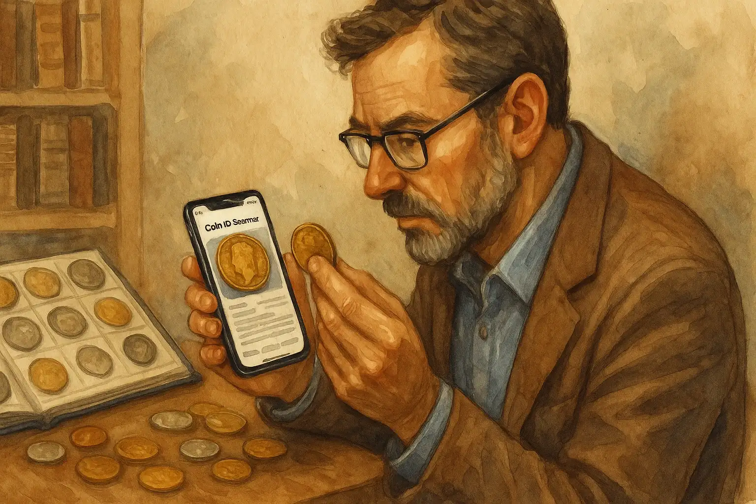 A numismatist checks the coin worth via Coin ID Scanner.