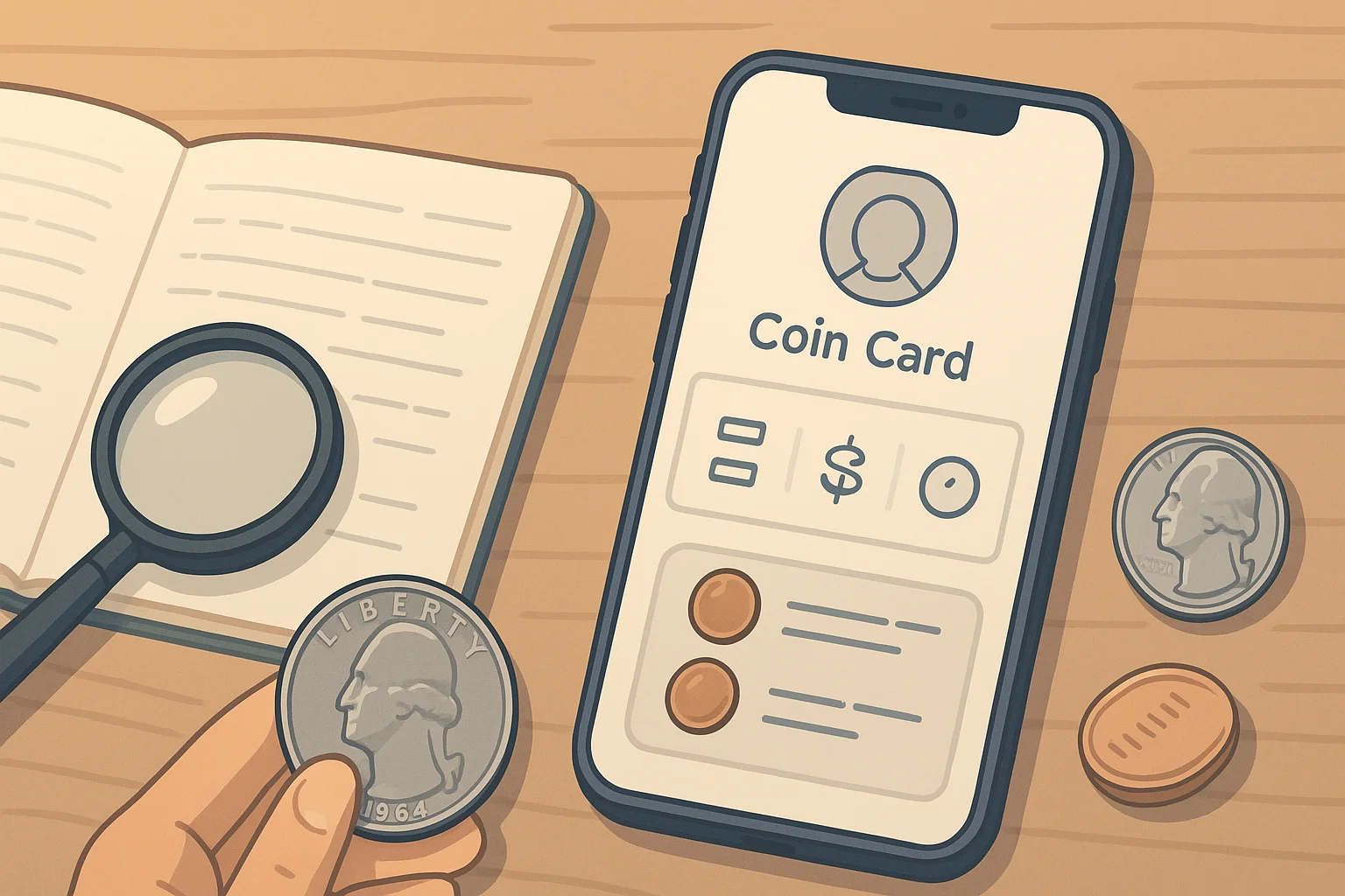 A desk with a coin card displayed on the iPhone and collector’s notes around.