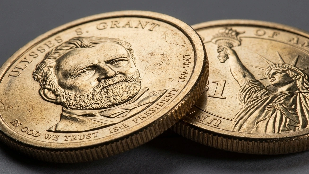 macro shot focusing on edge and relief of Ulysses S Grant dollar coin